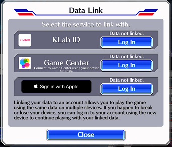 หน้า Data Link ของ Bleach Brave Souls เลือก Log In ในแถว KLab ID แถวบนสุด