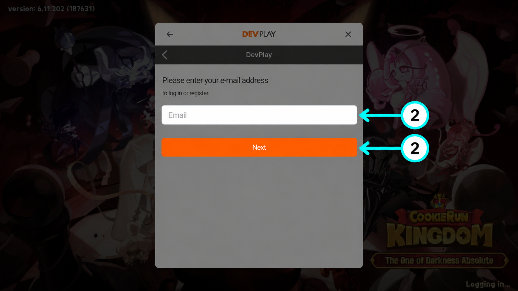 Cookie Run Kingdom ขั้น2 กรอกอีเมล DevPlay และกด Next