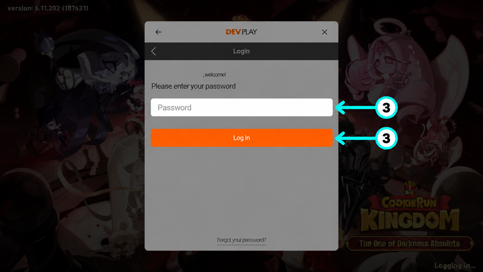 Cookie Run Kingdom ขั้น3 กรอกรหัสผ่าน DevPlay และกด Log In