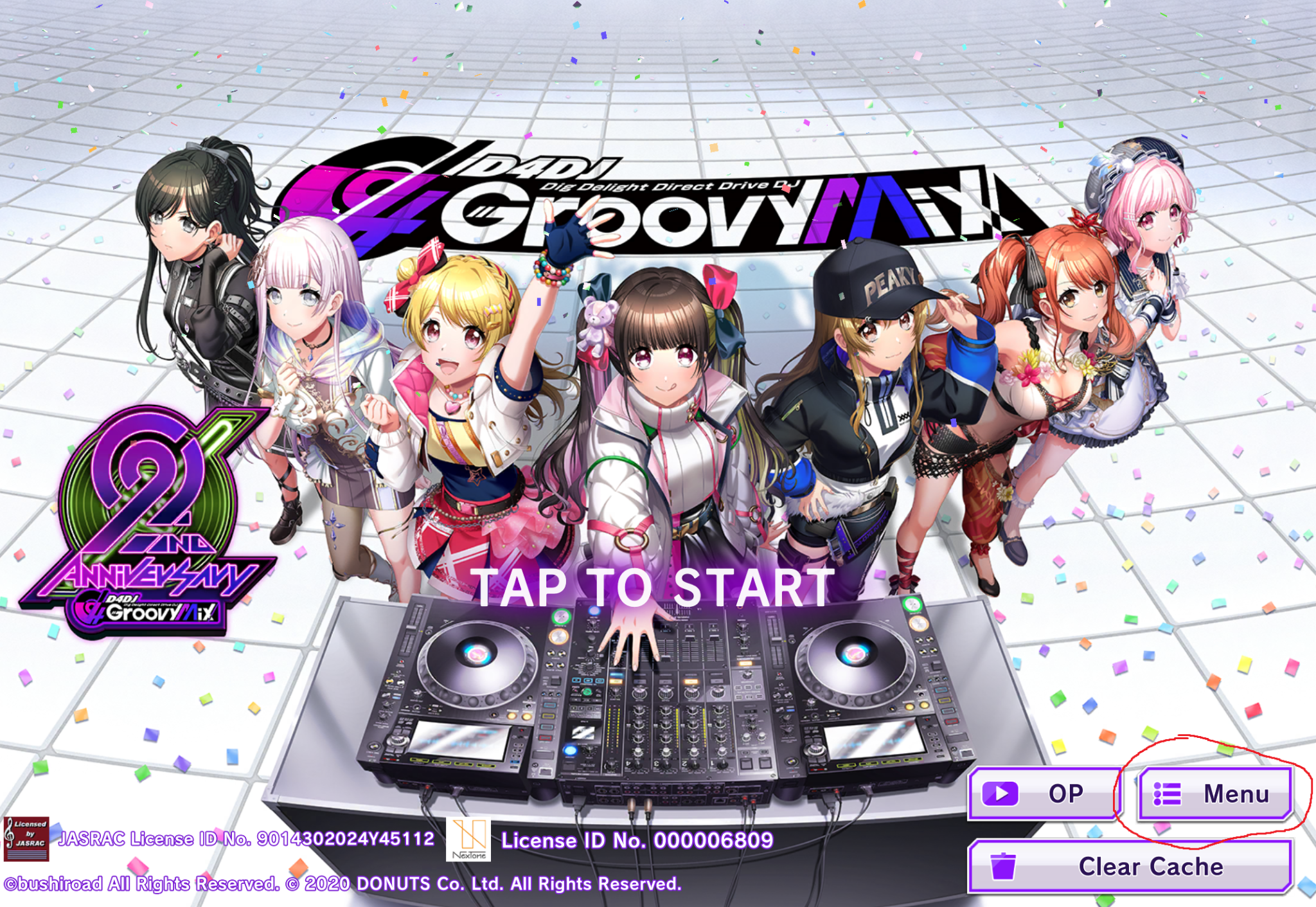 ขั้น 1 หน้าไตเติล D4DJ Global ปุ่ม Menu มุมล่างขวา