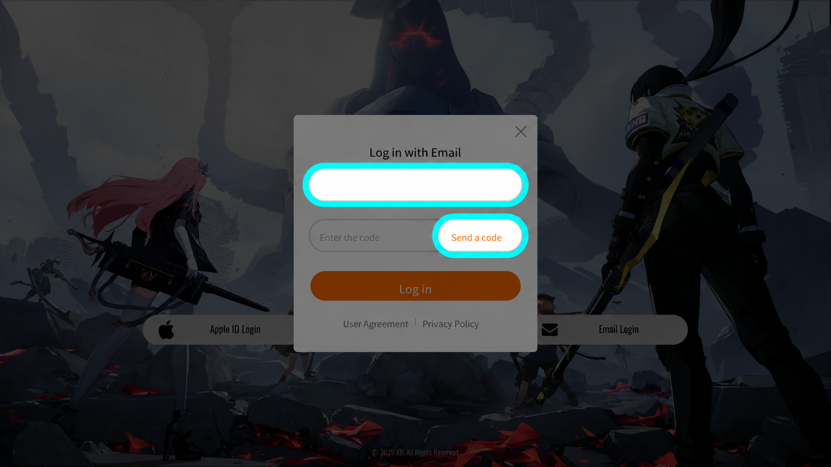 Etheria Restart ช่องอีเมล ปุ่ม Send a code ช่อง Enter the code และปุ่ม Log in