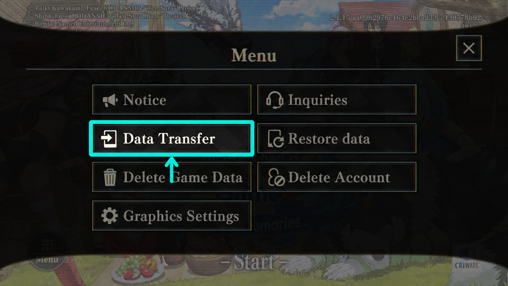 เมนู SLIME ISEKAI Memories เลือก Data Transfer เพื่อรับข้อมูลบัญชี