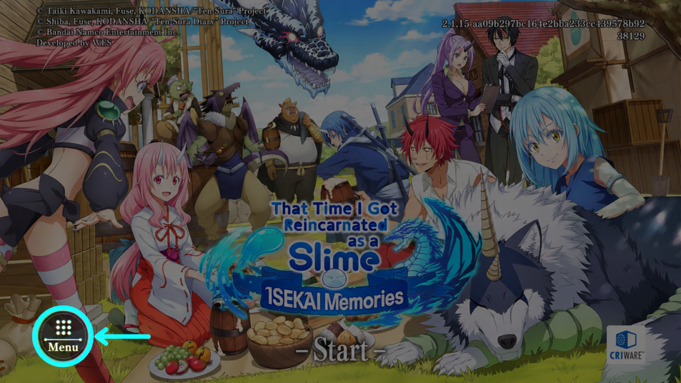 SLIME ISEKAI Memories หน้าไตเติล ปุ่ม Menu มุมซ้ายล่างสำหรับโอนย้ายไอดี