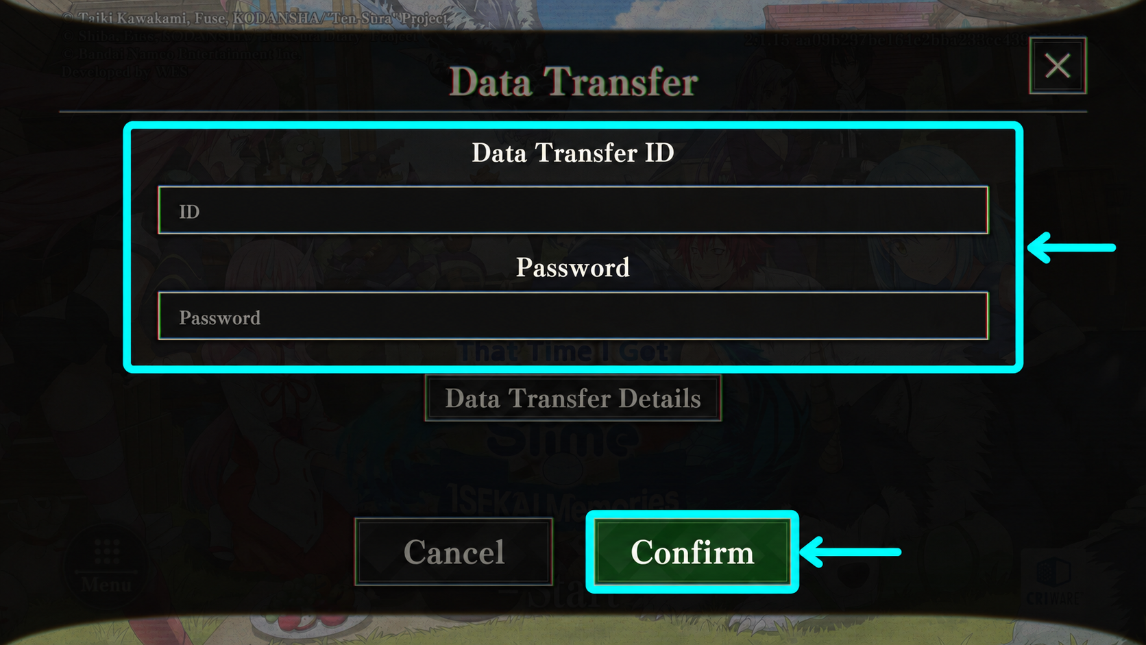 SLIME ISEKAI Memories ช่อง Data Transfer ID และ Password พร้อมปุ่ม Confirm