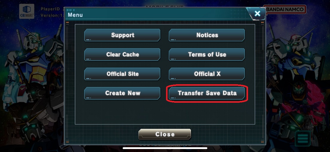 ขั้น 2 Gundam U.C. ENGAGE เลือก Transfer Save Data ไม่ใช่ Create New