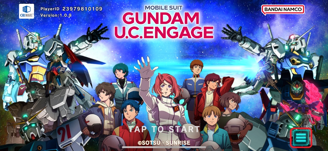 ขั้น 1 Gundam U.C. ENGAGE เปิดเมนูสามขีดล่างขวาจากหน้าไตเติล
